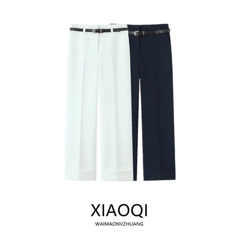 

Spring 2025 Women's Casual Trousers with Cuffed Hem And Belt Simple Sle New Arrival Office Commute mid Waist Pants