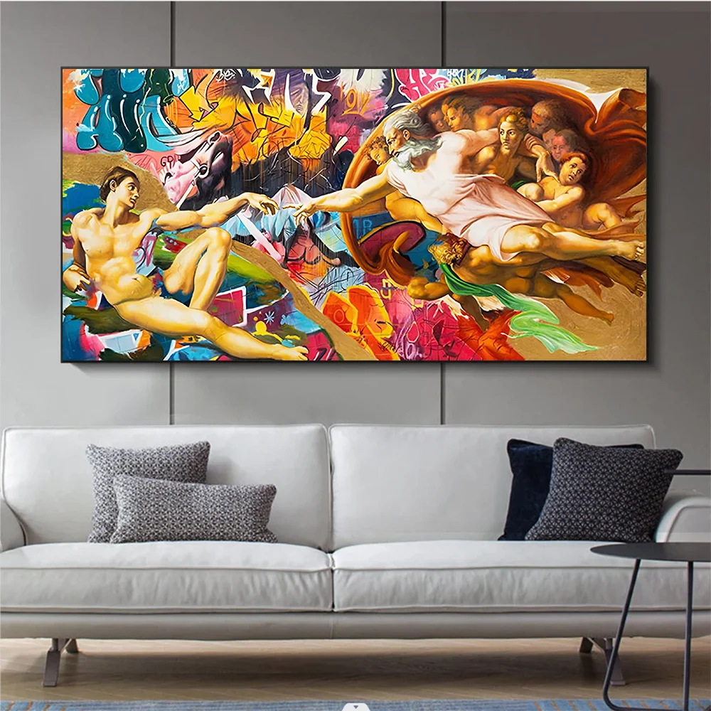 Картина на холсте «Адам эва», креативный граффити, картина «рука к руке», уличная печать, настенное искусство, Современная гостиная, домашний декор