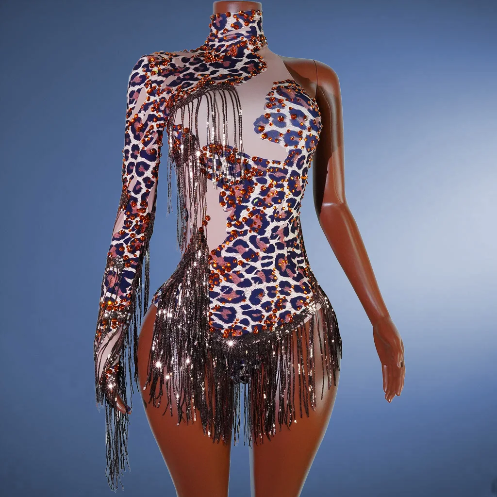 Body elástico con estampado de leopardo y diamantes de imitación para mujer, traje Sexy para escenario de baile Drag Queen, club nocturno, fiesta de cumpleaños, traje de cantante y Bar