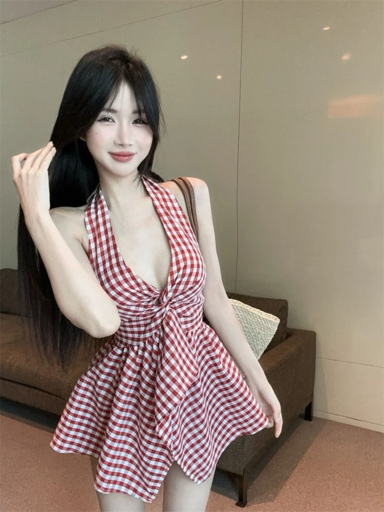 

2000S Summer Japanese Elegant Camis Y2k Kawaii Tanks Lolita Plaid Sexy Sleeveless Tops Vintage Bodycon Korean Fashion Clothing