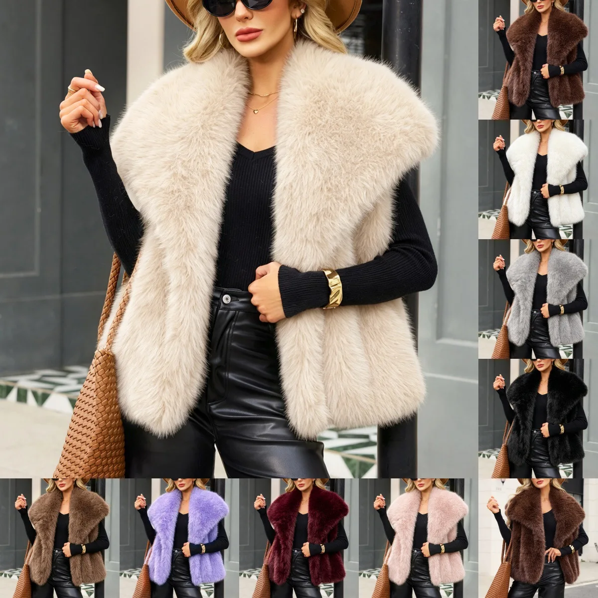 Women Faux Fur Vest Sleeveless Open Front Turn Down Collar Waistcoat Thick Warm Casual Outerwear Loose Vests Work Autumn Winter