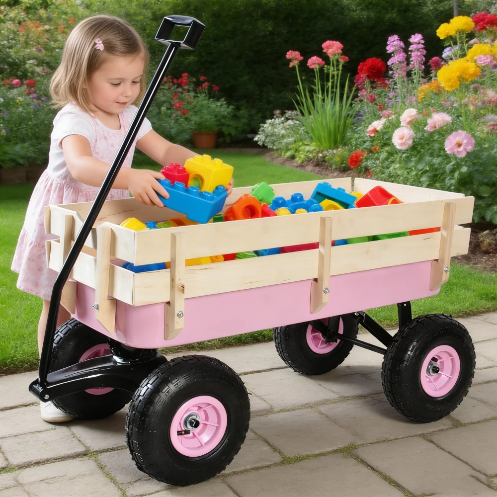 

Outdoor handcart Wagon All Terrain Pulling w/Wood Railing Air Tires Garden Cart for transporting goods loading children's toys and pets