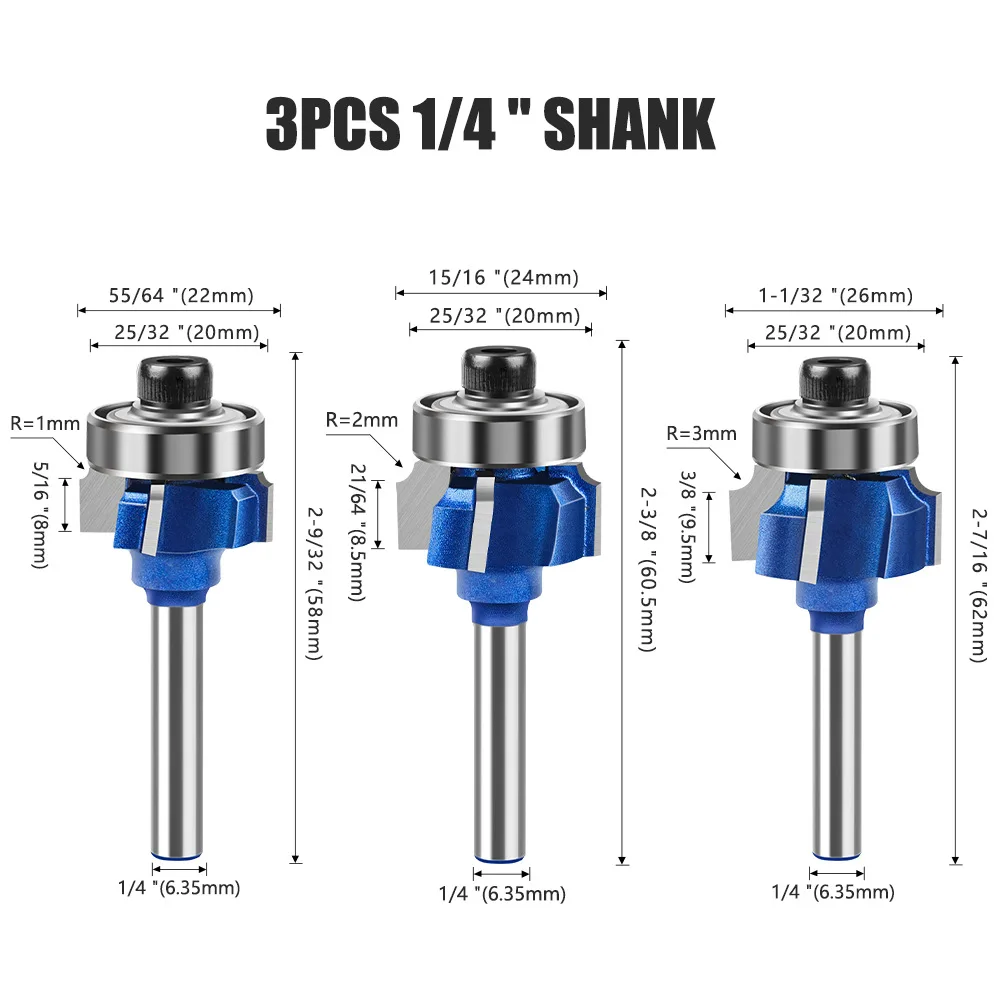 8mm 6mm 1/4inch 4 Flutes Corner Rounding End Mills Wood Router Bit Set With Bearing Milling Cutter For Carpentry Tools R1 R2 R3