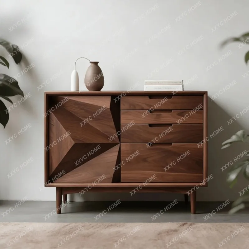 XX 2026 New Chinese Minimalist Black Walnut Solid Wood Geometric Sideboard Custom Entryway Storage Cabinet