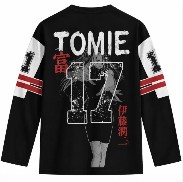 Junji Ito Tomie Hockey Jersey Long Sleeve T Shirt Unisex Manga Horror Graphic Tee Harajuku Y2K Streetwear Oversized Tops