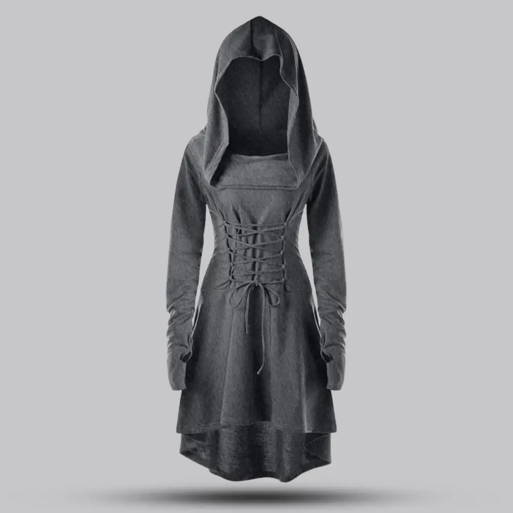 Women Milk Silk Dress Lace-up Strap Cosplay Dress for Women with Irregular Hem Hooded Long Sleeves for Theme Parties