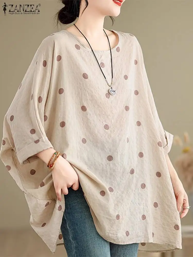 ZANZEA Women Oversiezd Polka Dot Blouse Vintage 3/4 Sleeve Tops Summer Casual Loose Round Neck Tunics 2024 Holiday Female Blusas