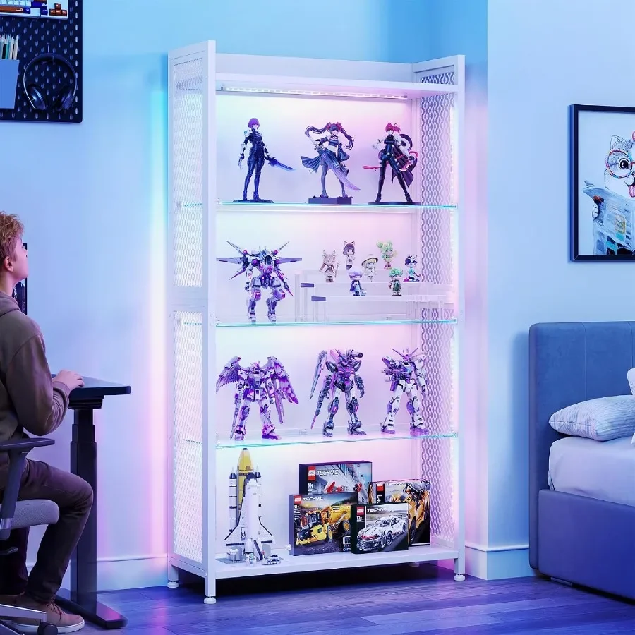 Display Case with Open Glass Shelves, RGB Light Display Cabinet view 3