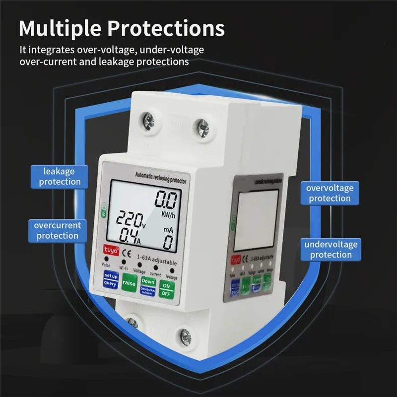 A03F-Tuya 63A 2P مفتاح حماية تيار تسرب الجهد الزائد/تحت، مقياس طاقة WIFI ذكي، كيلووات ساعة لقياس دائرة الطاقة