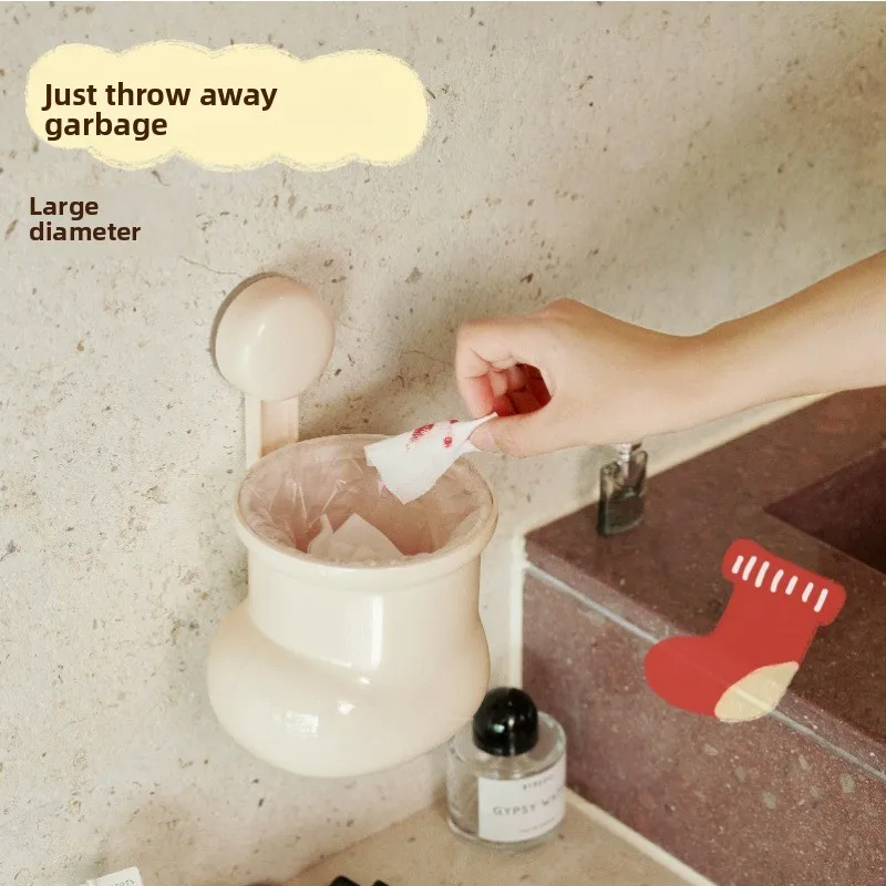 귀여운 작은 부츠 모양 뚜껑 있는 벽걸이 흡착식 휴지통 크리스마스 미니 데스크탑 정리함 수납통