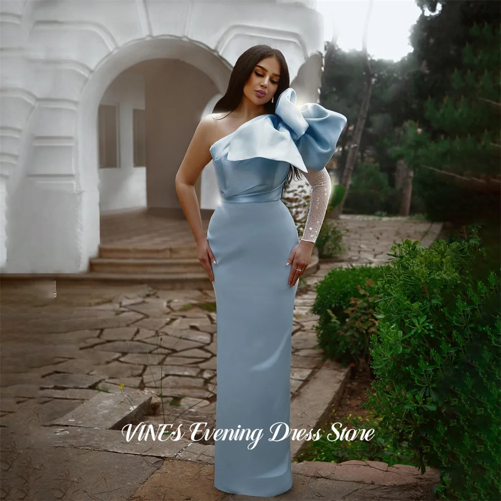 

VINES Sky Blue Prom Dress One Shoulder Mermaid Celebrity Dress with Oversized Bow Evening Dresses Satin Formal Gown Customized