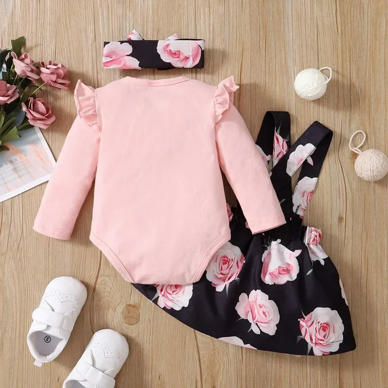 0-18 Months Baby Girl Set Solid Color Long sleeved+Flower Suspender Skirt+Headband 3pcs/Set Baby Girl Spring Autumn Fashion Set