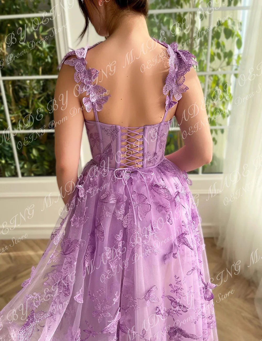 OEING Pastrol Purple Prom Dresses Fairy Spaghetti Strap 3D Butterfly Tea Length Party Dress For Women Lace Up Back Evening Gowns