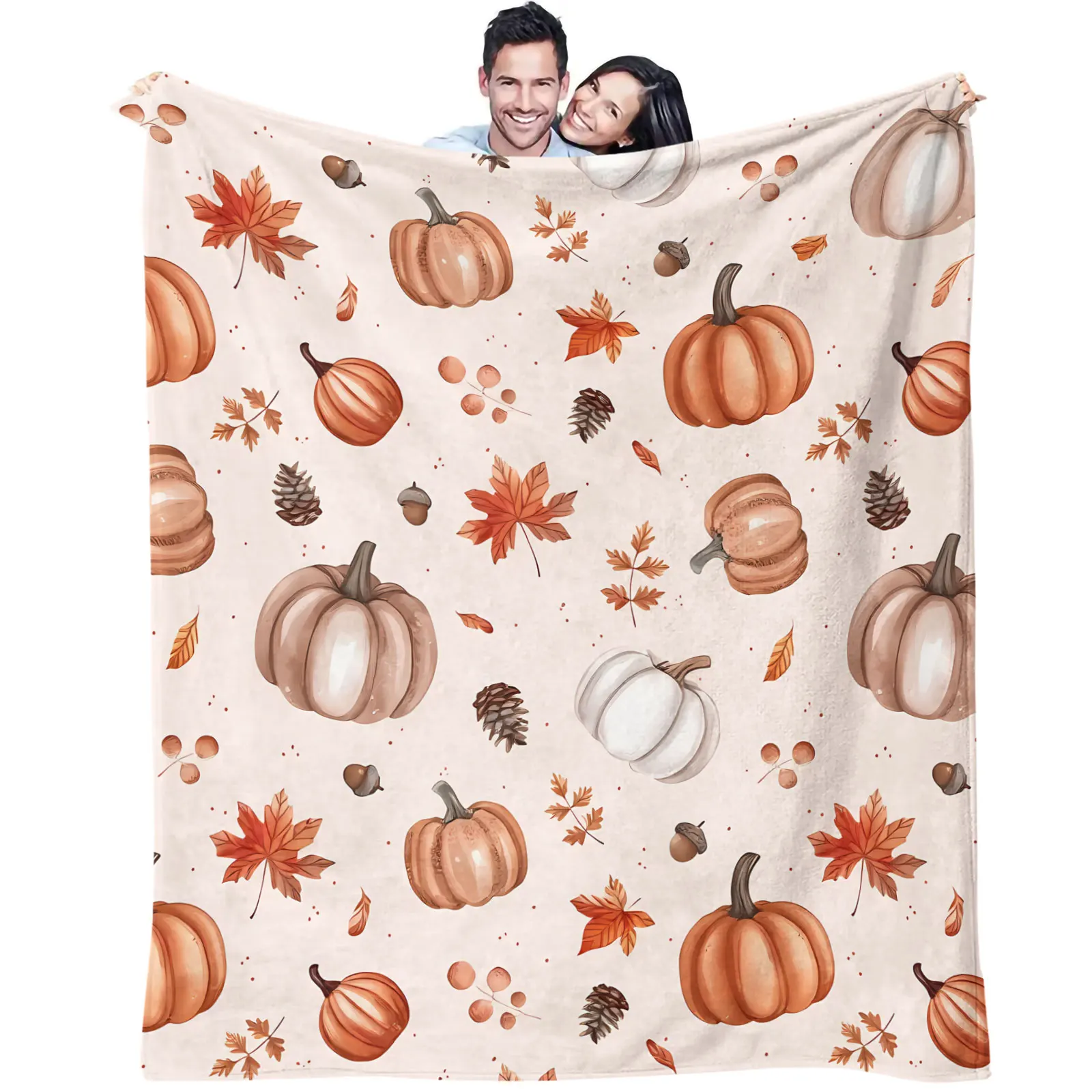 Cream White Background Fall Pumpkin Acorn Maple Leaf Flannel Throw Blanket Harvest Pine Cone Berry Print Soft Warm Plush Blanket