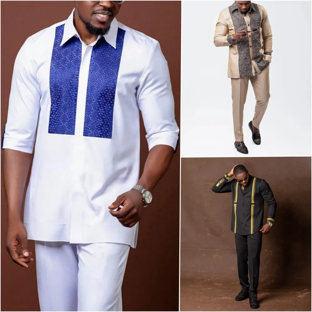 Kaunda Men Suits Outfits African Ethnic Casual Top And Pants Two-piece Traditional Sets Dashiki Wedding Suit Fashion Costumes