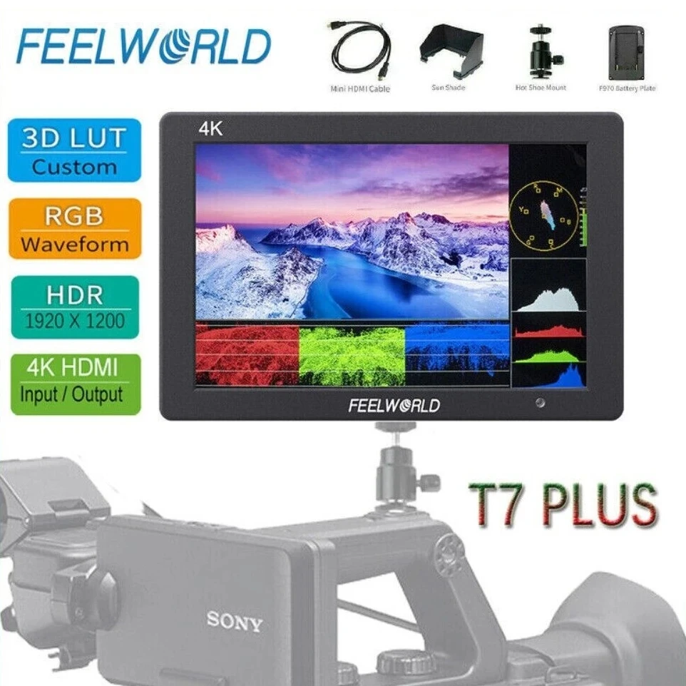 

Feelworld T7 PLUS V2 7 Inch 3D LUT On Camera Field DSLR Monitor 4K HDMI Full HD 1920x1200 IPS Waveform Vector Aluminum Housing