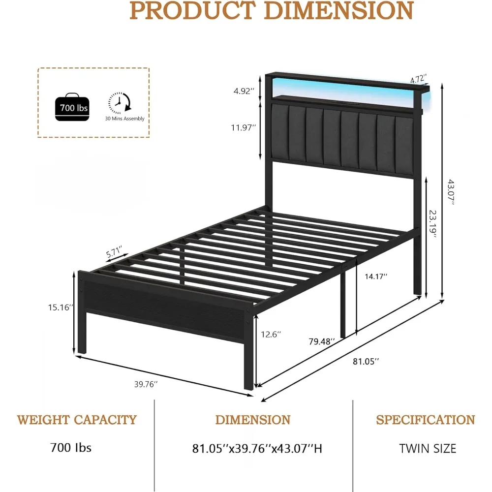 LED Queen Size Bed Frame with Charging Station&2-Tier Storage Shelves, Metal Slat&Upholstered Headboard, No Box Spring Needed image 6
