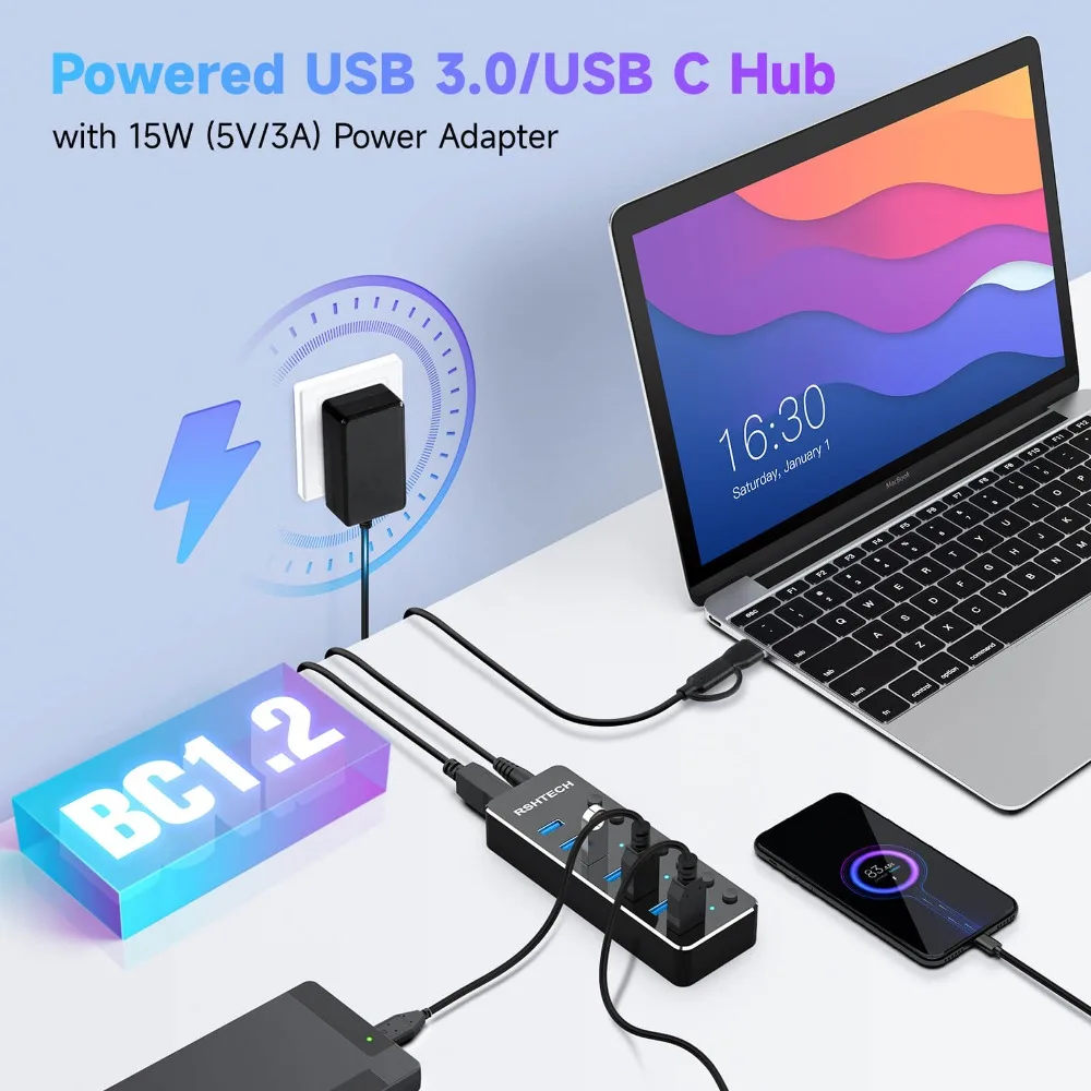 Imagem -02 - Rshttech-usb 3.0 Hub 5gbps 5gbps Alumínio Portas Usb c Switches Individuais para Laptop