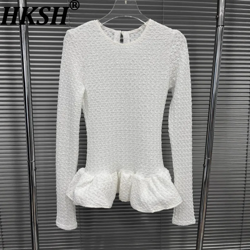 

HKSH Spring Autumn New Women T-shirt Long Sleeves Pleated Hem O-neck Waist Cinching Slim Fit Versatile Sweet Tee Ins Top HK17022