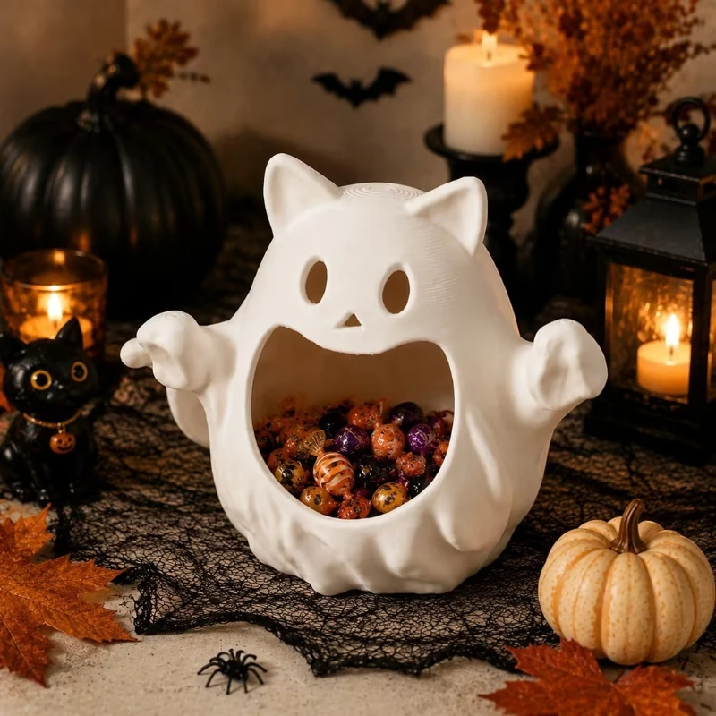 Halloween Ghost Cat Candy Dish – Cute Kitten Shaped Treat Bowl, Adorable Tabletop Decor Ornament for Spooky Party