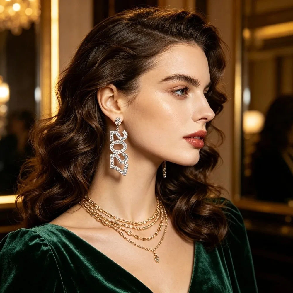 Fashion Elegant 2027 Digital Earrings Long Drop Rhinestone Happy New Year Earrings Shiny Love Heart Stud Earrings New Year Party