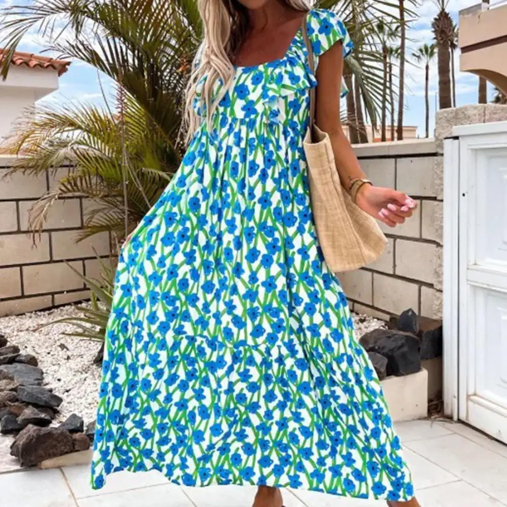 

Square Collar Beach Dresses Mid-Rise Large Hem Maxi Dress Summer Elegant Floral Print Short Sleeve Casual Loose Long Dress