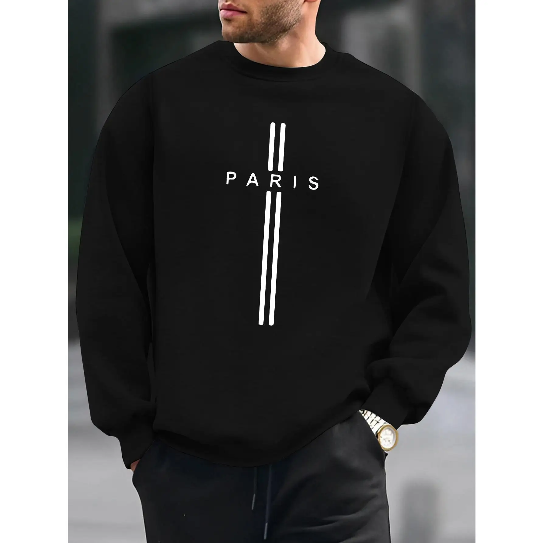 

Men's Paris Letter Print Sweatshirt Casual Long Sleeve Crewneck Pullover Streetwear Stripe Graphic Top