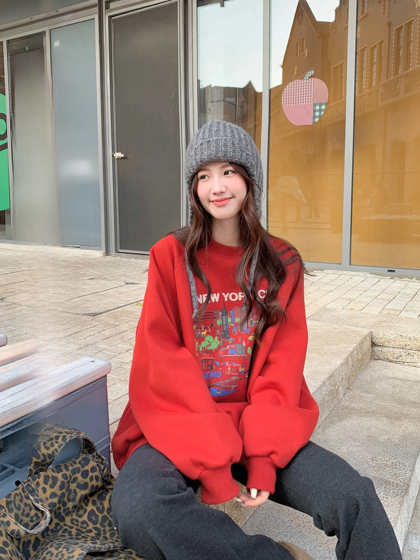 

Красный свитшот с круглым вырезом на флисовой подкладке, женский, зимний, новый, свободный, теплый, повседневный топ, бренд Cheese Rabbit