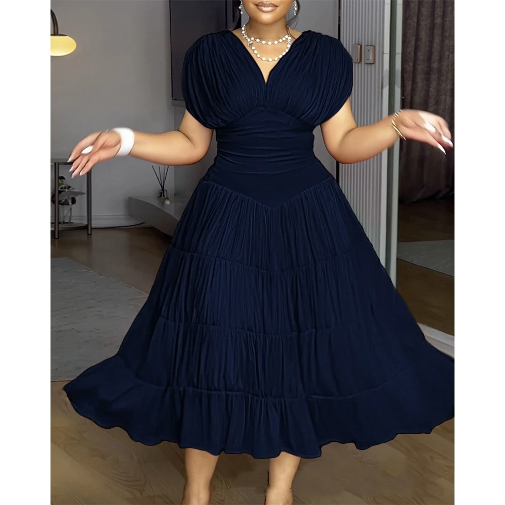 

2025 Fashion Women Party Red Dress Textured V Neck Sleeveless Ruched Ruffles Hem Dress Casual Waist A Line Party Midi Dress