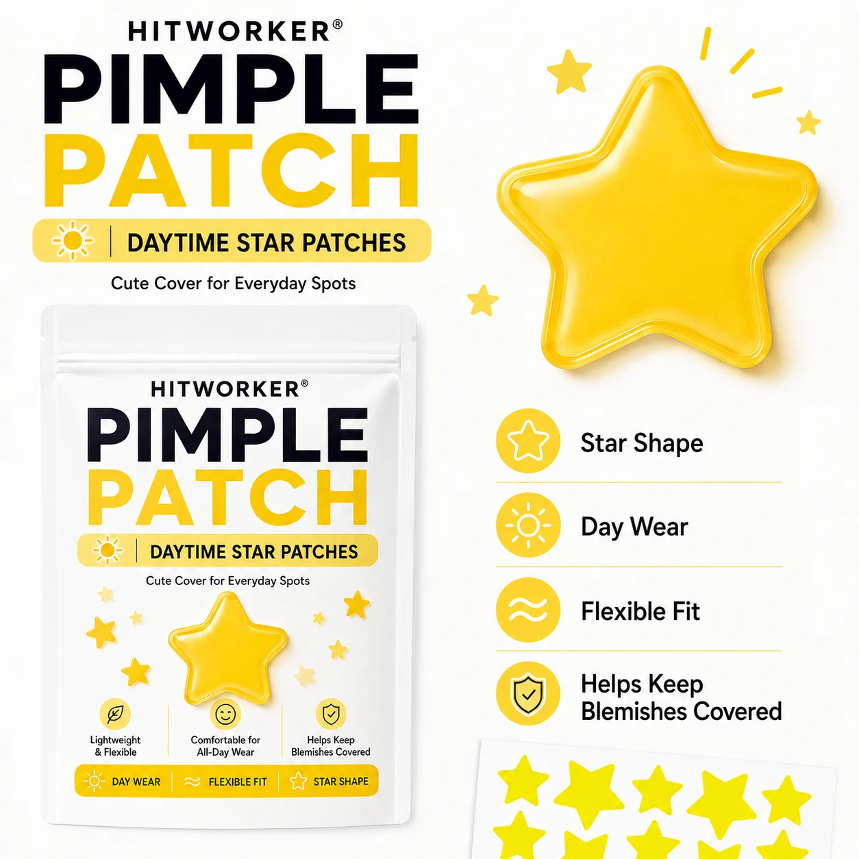 120Pcs Yellow Star-Shaped Pimple Patches, 3 Sheets in 2 Sizes, Pre-Cut Decorative Blemish Cover Patches for Daytime Use