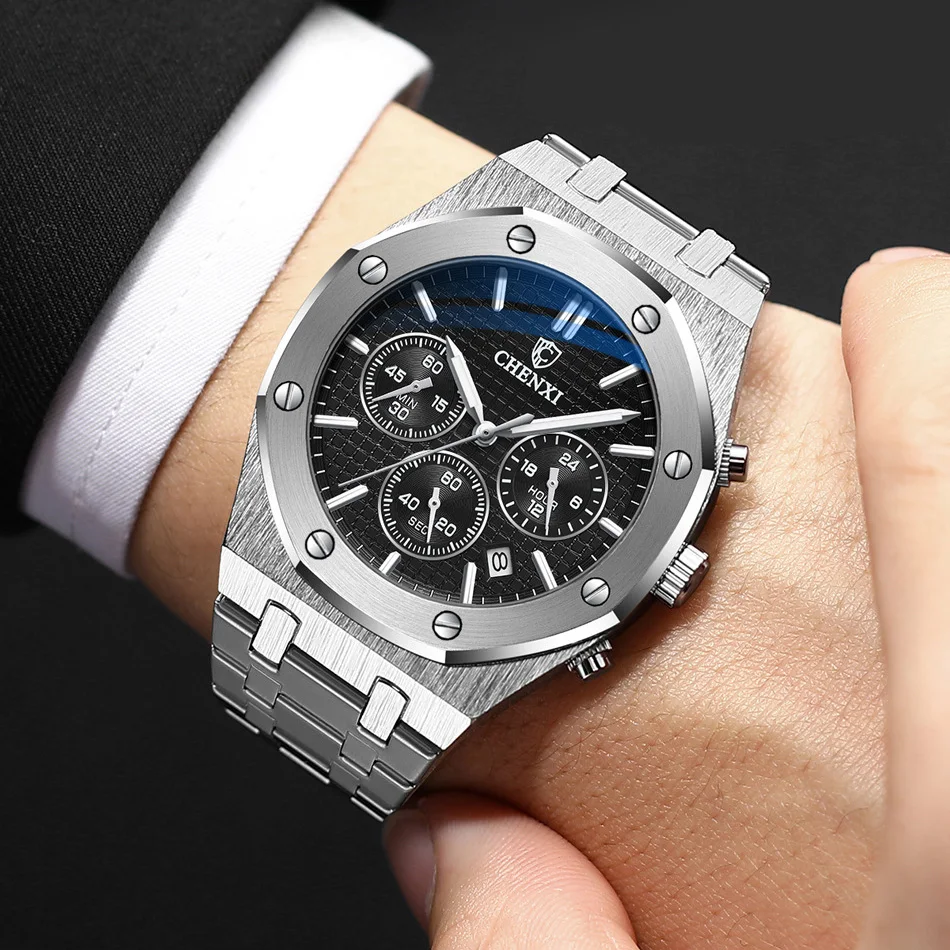 Unique Black Steel Chrono Watch Men Fashion Casual Calendar Butterfly Buckle Business Quartz Male\'s Watches Luxury Top Brand