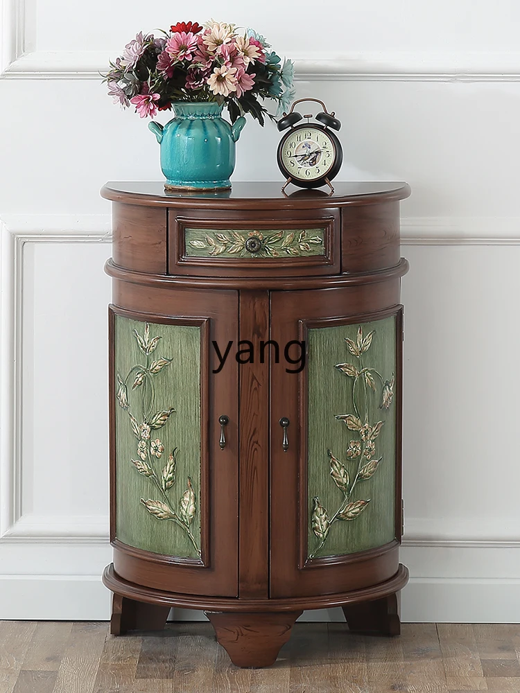 Yjq Semicircle Small Entrance Cabinet Small Apartment Hall Storage Mediterranean Retro Painted Sideboard Cabinet