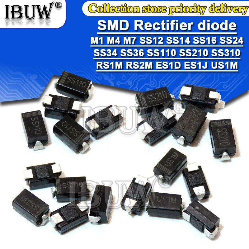 100PCS Dioda prostownicza M1 M4 M7 SS12 SS14 SS16 SS24 SS34 SS36 SS110 SS210 SS210 US1M RS2M ES1D DO-214AC Diody Schottky'ego