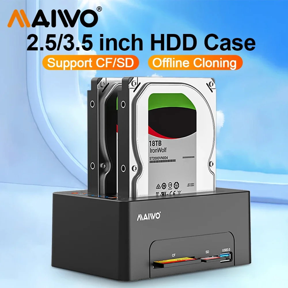 MAIWO 2.5/3.5 Inch Dual Bay External Hard Drive Enclosure with Offline Cloning for 2.5 3.5 inch HDD Supports Reading CF&SD Cards