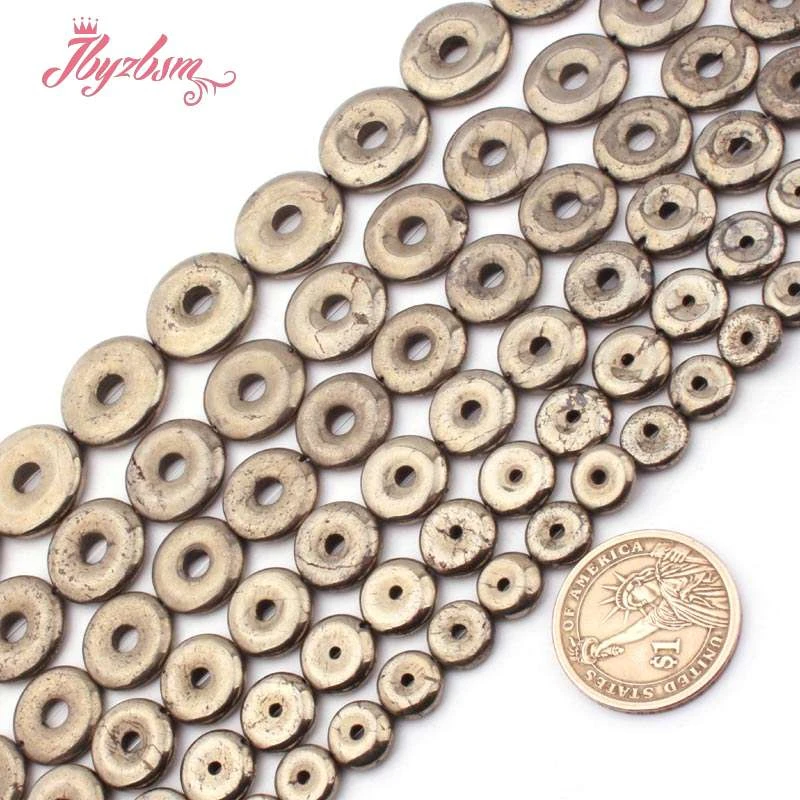 Natural Pyrite Beads Donut Stone Loose Beads for DIY Necklace Bracelet Jewelry Making Strand 15 Inch 12/16/18/20mm Free shipping