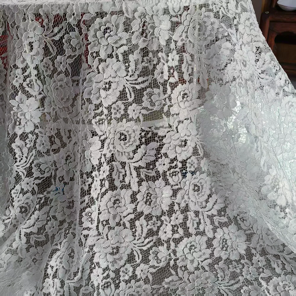 Ecru White Allover Floral Embossed Cord Lace Fabric for DIY Sewing Evening Gown Garment Party Background Decor Craft Accessories