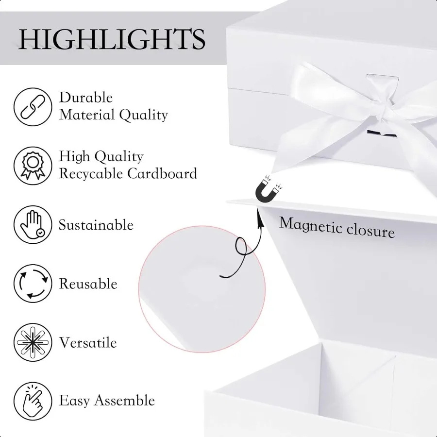 White Gift Box with Ribbon Magnetic Lids 10.2x9x3.74 in Bridesmaid Groomsman Proposal Boxes Wedding Graduation Storage Box 1 Pa