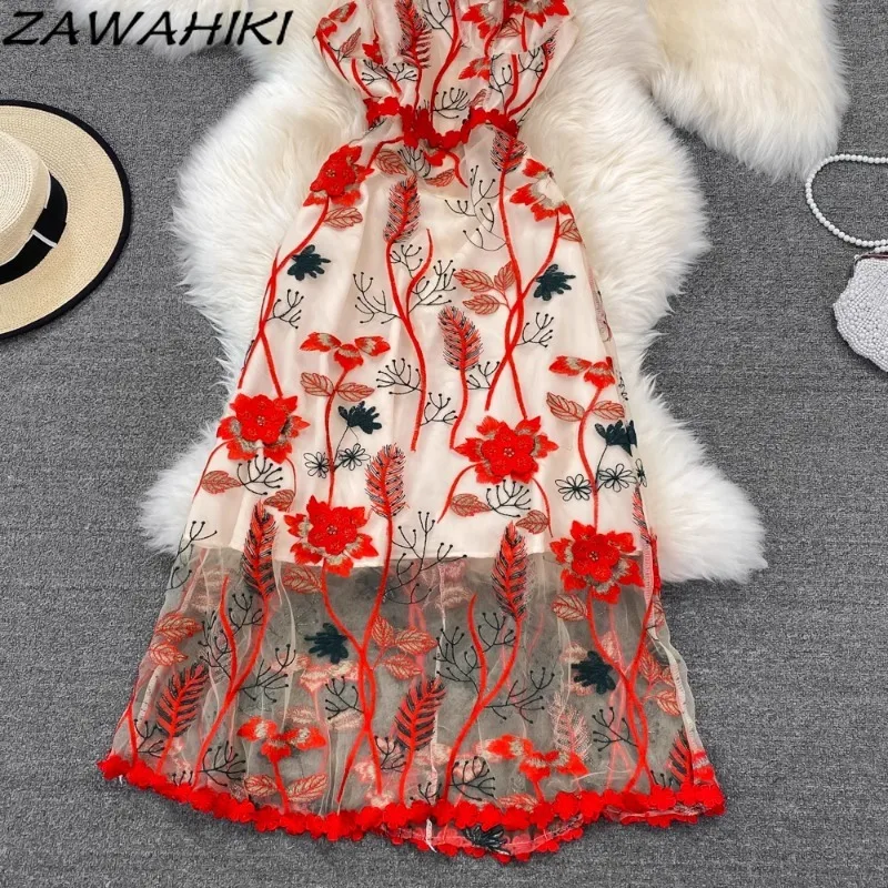 Camisole Dress for Holiday Embroidery Lace Vestidos Floral Korean Patchwork Ropa Mujer Backless High Waist Elegant Femme Robe