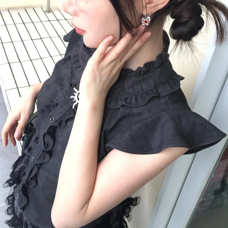 Deeptown Blus Ruffle Jepang 2000S Kemeja Tanpa Lengan Y2k Gotik Hitam Wanita Harajuku Gyaru Lengan Terbang Musim Panas