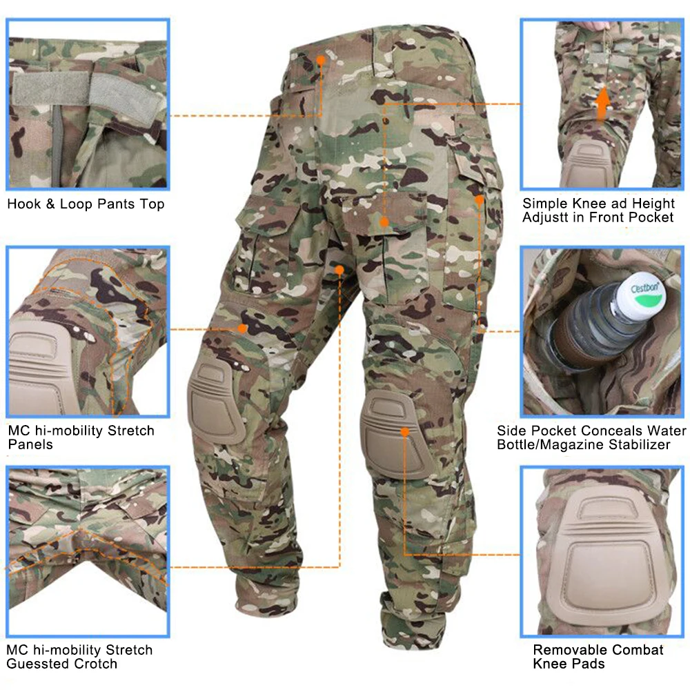 KRYDEX Combat Pants Tactical Hunting Outdoor Hiking Trousers with knee Pads Camouflage Camo MC