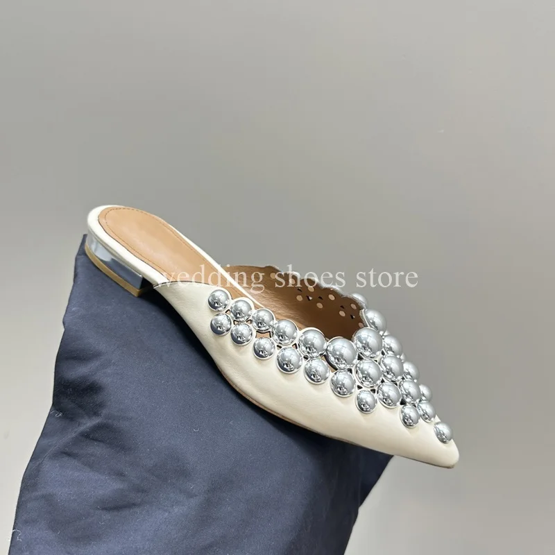 Beaded Flat Shoes Half Head Female Slippers Catwalk Show Outdoor Wedding Banquet Genuine Leather Summer Women Pointed Toe Shoes