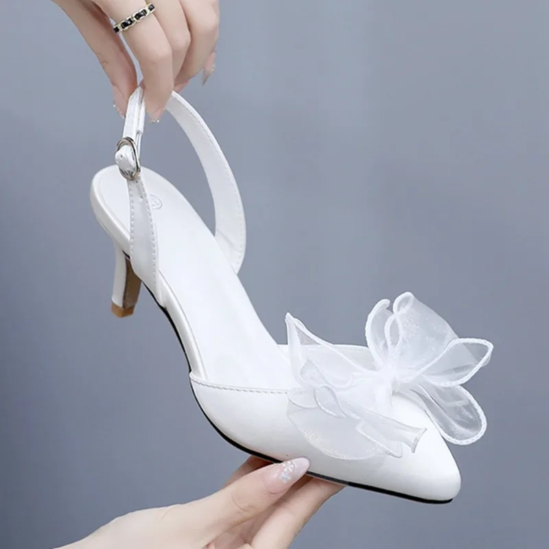 Wedding Dress Shoes Pointed Toe Butterfly Knot 6.5CM Thin Heel Sandals Satin Ivory White Shallow Mouth Back Strap Women's Shoes
