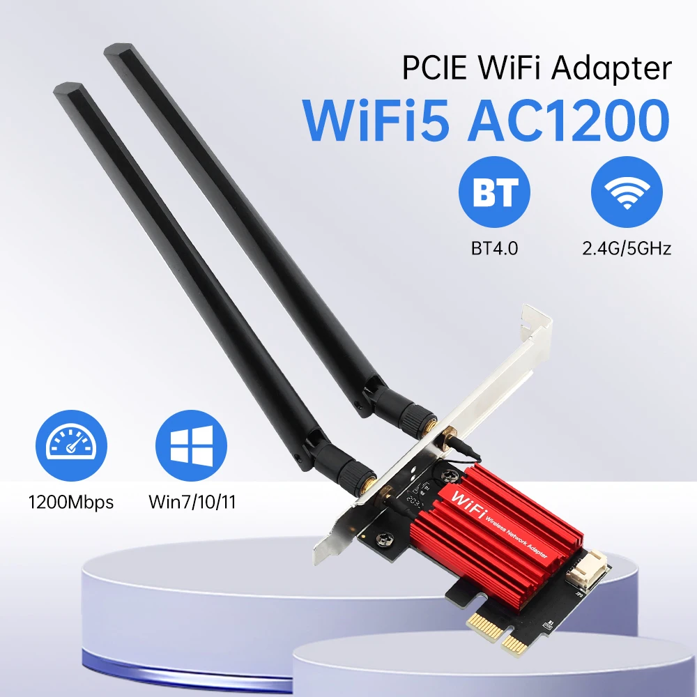 

WiFi5 AC1200 BT4.0 PCIE WiFi Adapter Dual Band 2.4G/5GHz Wireless Ethernet Card 6DBi Antenna For Desktop PC Win 10/11
