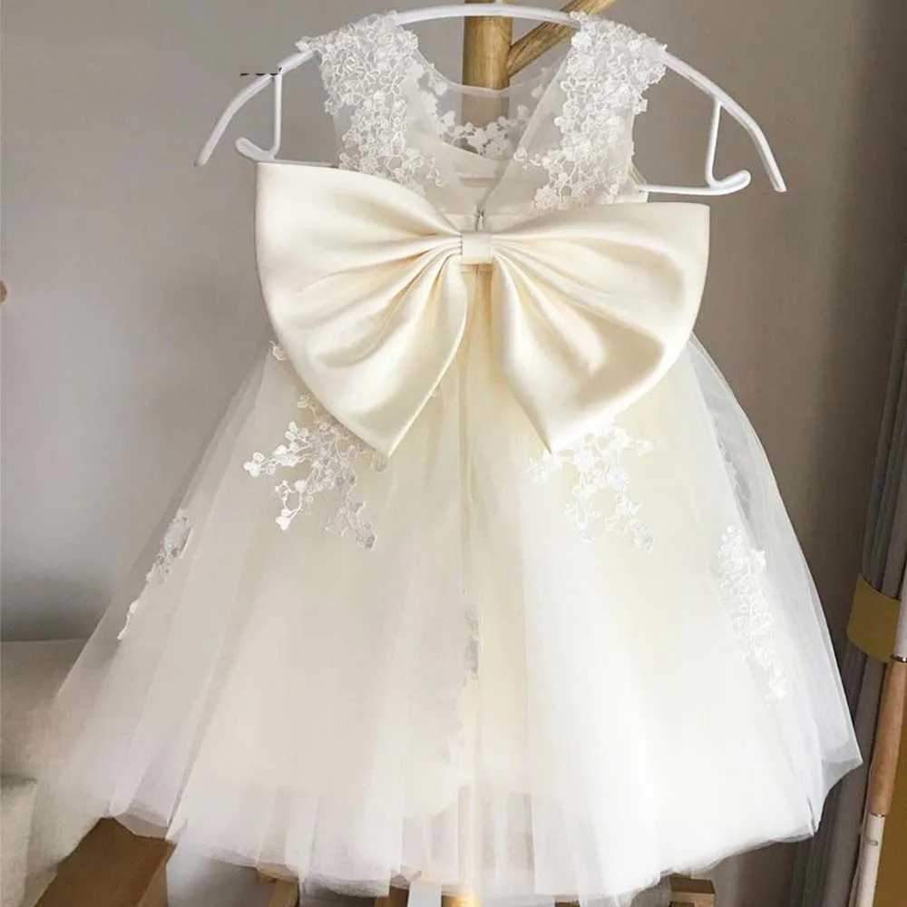 Vestidos de niña de flores hinchados de tul, encaje de color marfil con lazo de satén sin mangas, vestidos de baile de cumpleaños para niños, vestidos de primera comunión de princesa