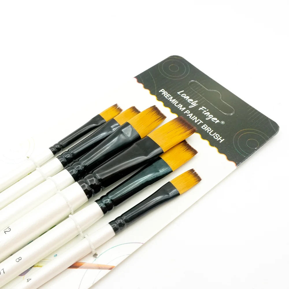 6Pcs Flat Paint Brush Set, White Wooden Handle Nylon Brushes for Acrylic Watercolor Oil Painting