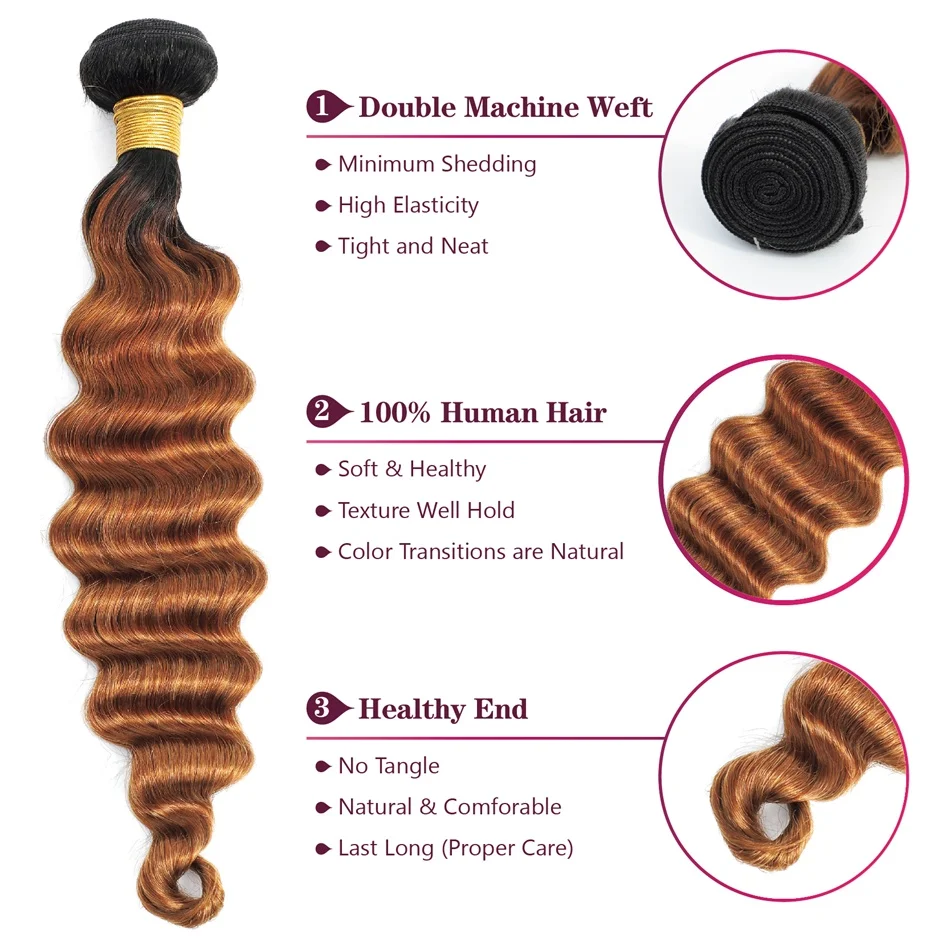 100% Ombre Loose Deep Wave Bundles Human Hair 12A Deal Brazilian Human Hair Weave Human Hair 3 Bundles Can Be Dyed and Blleached