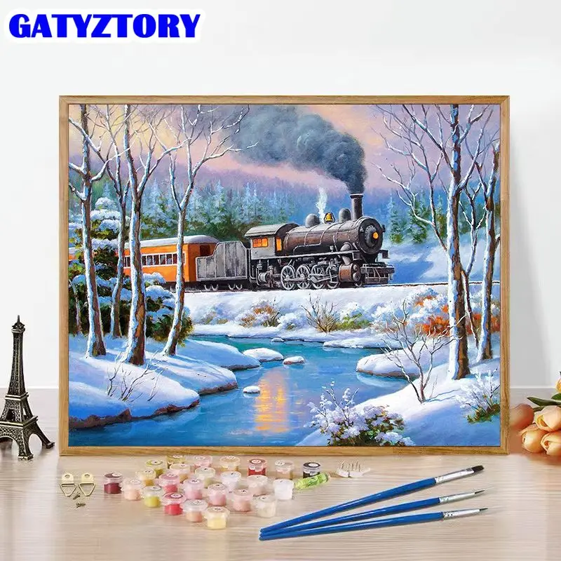 

GATYZTORY Picture By Numbers Winter Train Scenery Acrylic Drawing Canvas Wall Art Oil Painting By Number Diy Home Decoration Gif