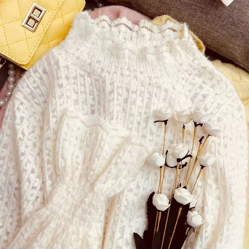 الدانتيل نصف الياقة المدورة محبوك سترة المرأة خريف شتاء سميكة الدافئة طويلة الأكمام البلوز الكورية شيك سليم الجوف خارج البلوز جديد #3