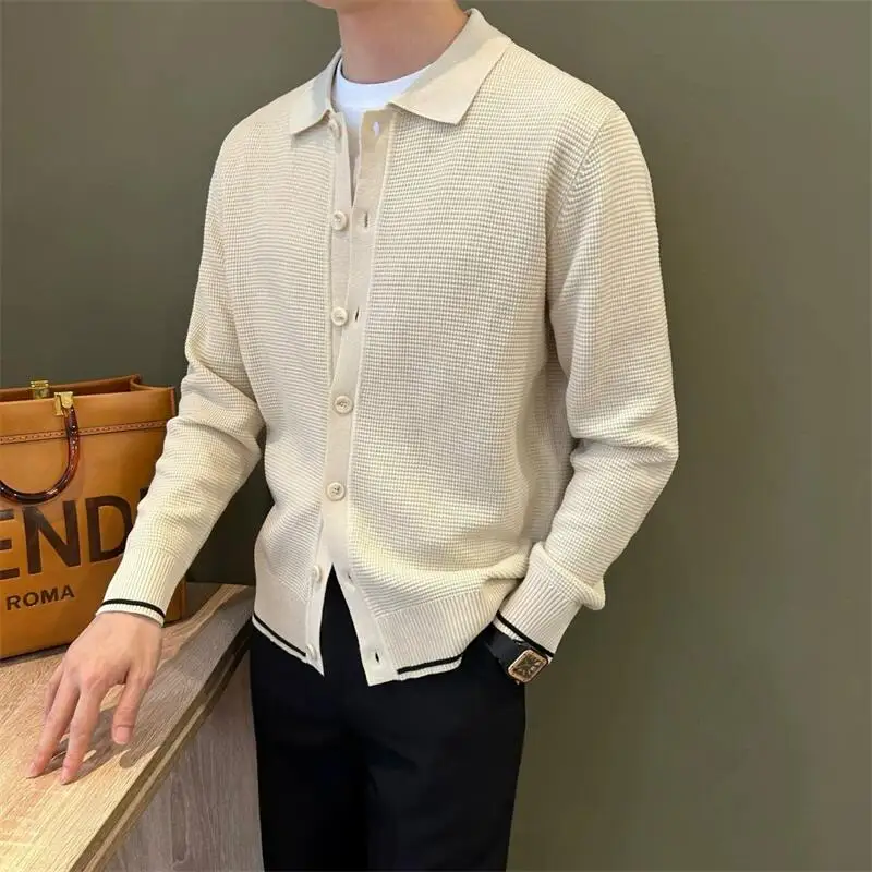 Light ripe simple lapel men's sweater pure cashmere waffle plaid color matching sweater cardigan small coat