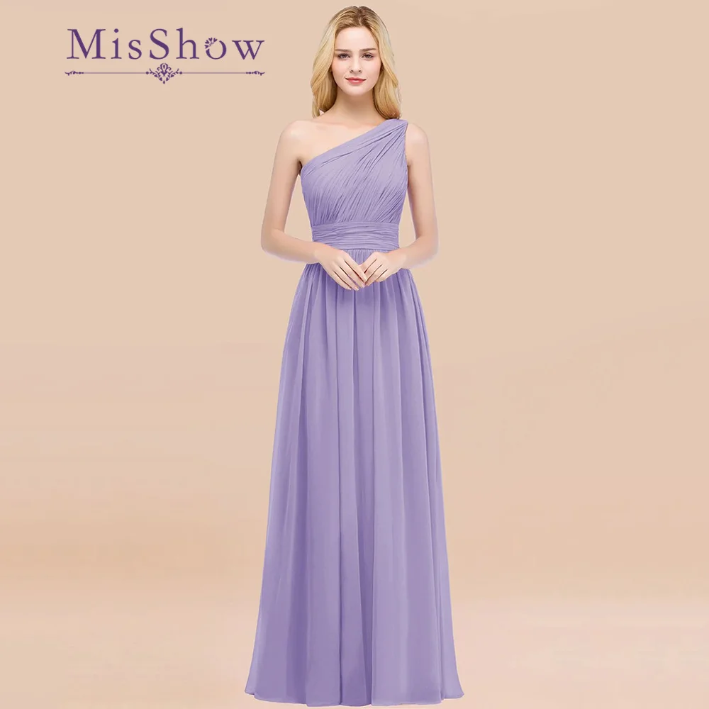 MisShow Lilac Long Formal Bridesmaid Dresses For Women Wedding Guest 2025 Customized One Shoulder Pleated Chiffon Evening Gowns